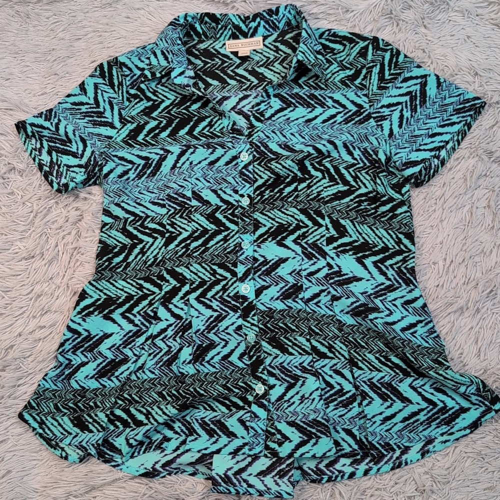 Dana Buchman Shirt Womens S Blue Blouse Button Up‎ Top Casual Comfort V Neck